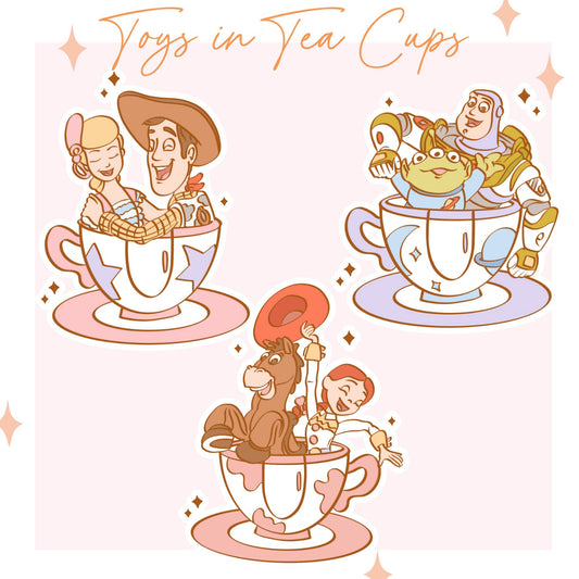 Toys in Tea Cups (set of 3 stickers)